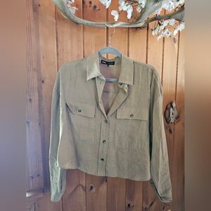 Zara Olive Casual Button-Down Cropped Shirt